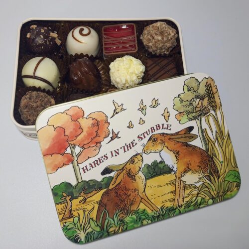 Emma Bridgewater Hare's in the stubble tin filled with chocolates