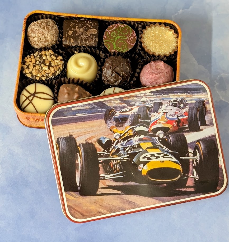 Vintage racing car tin filled with 12 chocolates
