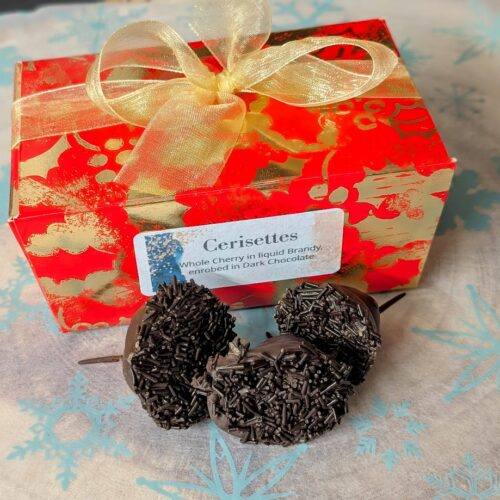 Box of Cerisettes - whole cherries in liquid brandy in dark Chocolate