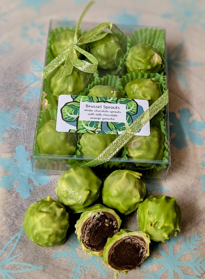 White chocolate sprouts filled with milk chocolate orange ganache